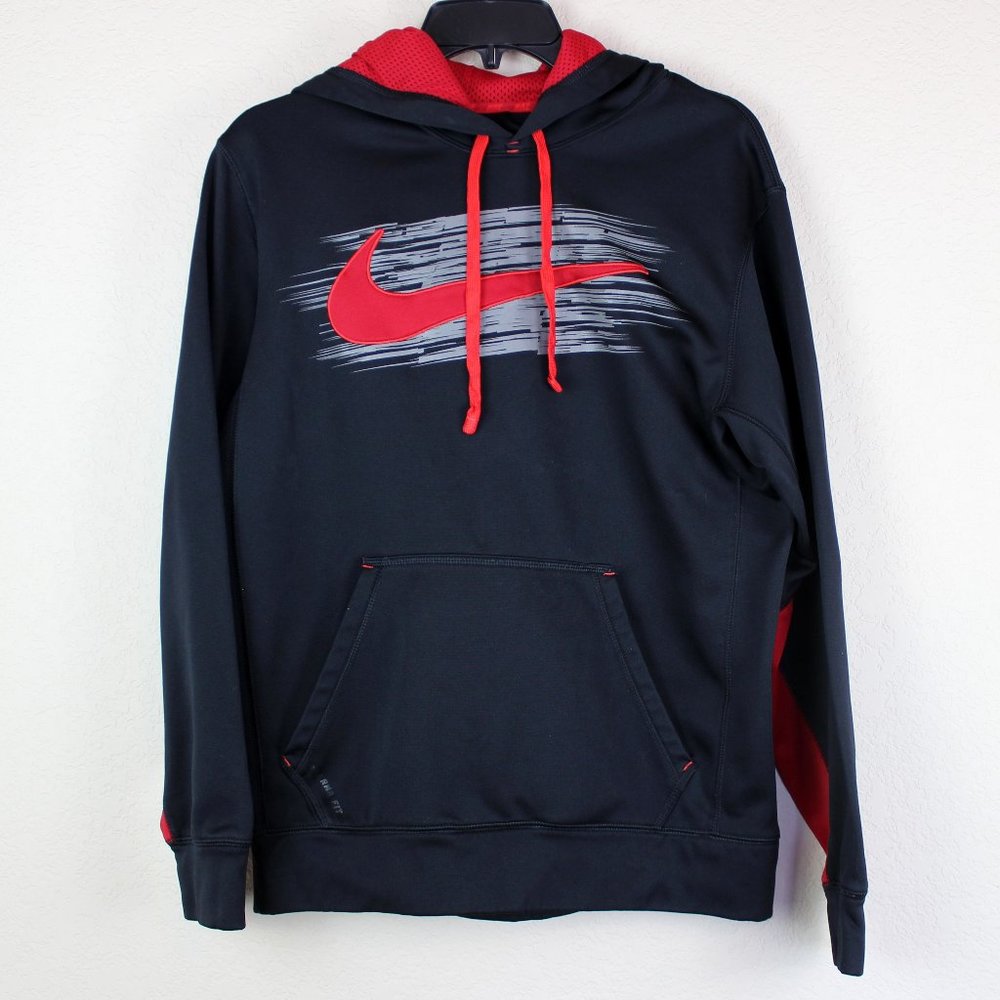 Nike Men's Therma-FIT Hoodie Black Red Swoosh Pullover Athletic Sweatshirt Small